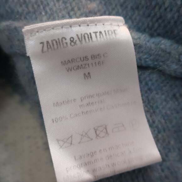 Zadig & Voltaire Marcus Bis C Pure Cashmere Blue White Graphic Heart Sweater M - Picture 8 of 12